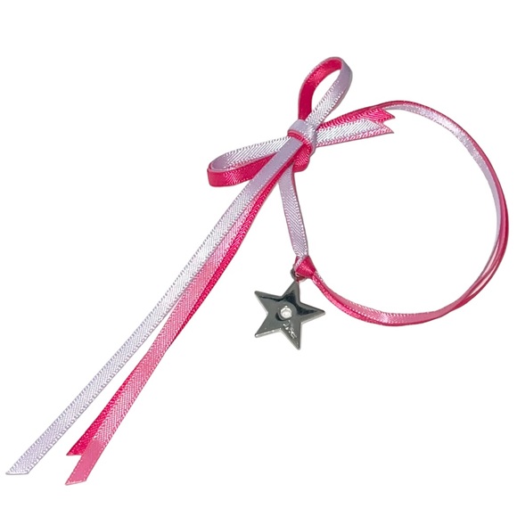 VTG Christian Dior Beauty Pink Ribbon Bow & Star Charm Tie Around Bracelet - Picture 3 of 14